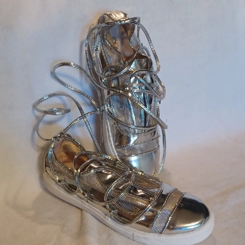 Shiny Silver Lace-Up Ankel Wrap Sneakers Size 9